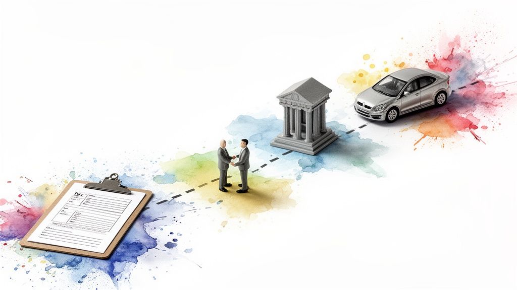 Miniature figures depict the car financing process, from application to vehicle acquisition, on a watercolor path.