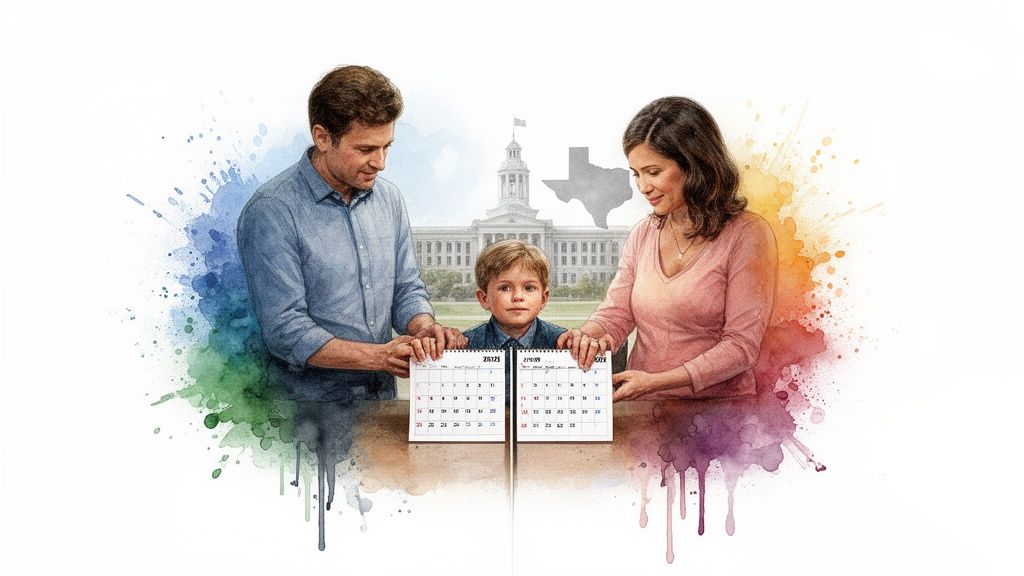 A family holding calendars, symbolizing 50/50 custody in Texas, with a courthouse in the background.