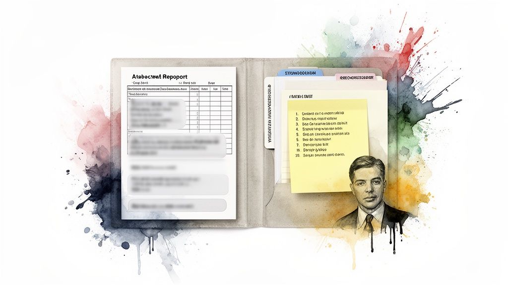 Open portfolio with a blurred report, sticky note, and a man's portrait on a watercolor splash background.