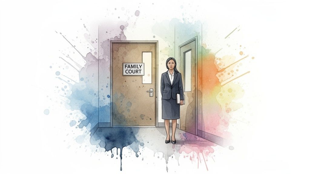 A serious woman in a suit stands outside a Family Court door, holding documents, in a watercolor style.
