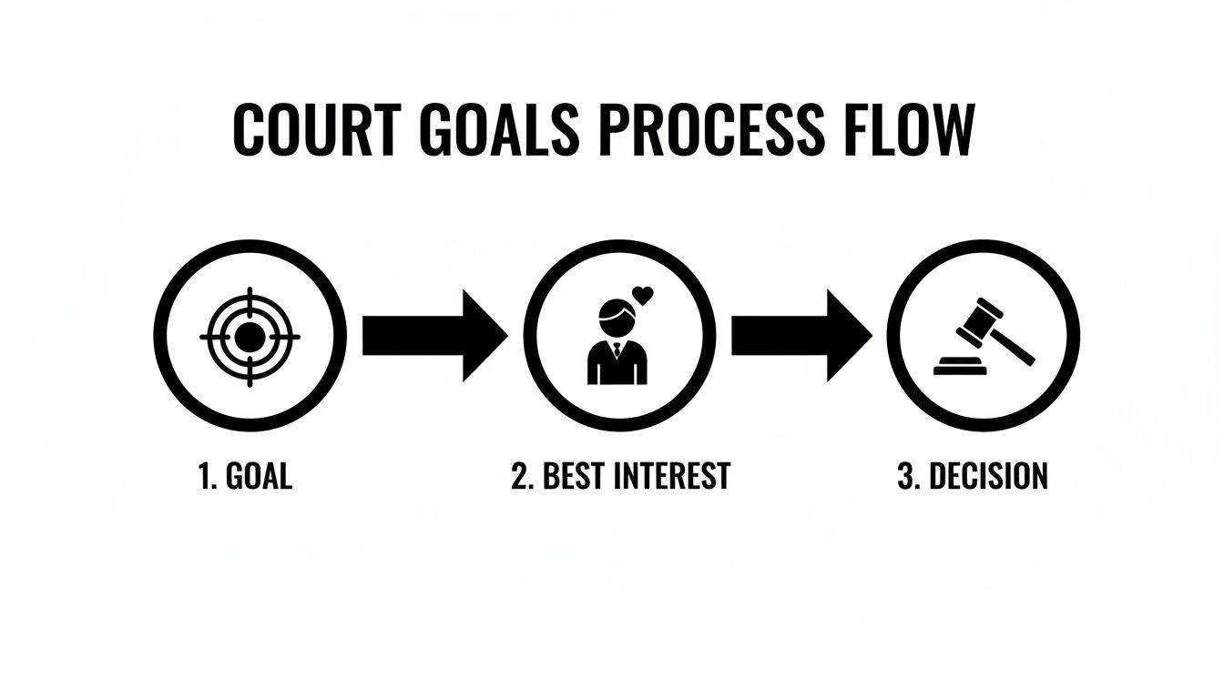 Flowchart illustrating the Court Goals Process Flow: Goal (target), Best Interest (person with heart), and Decision (gavel).