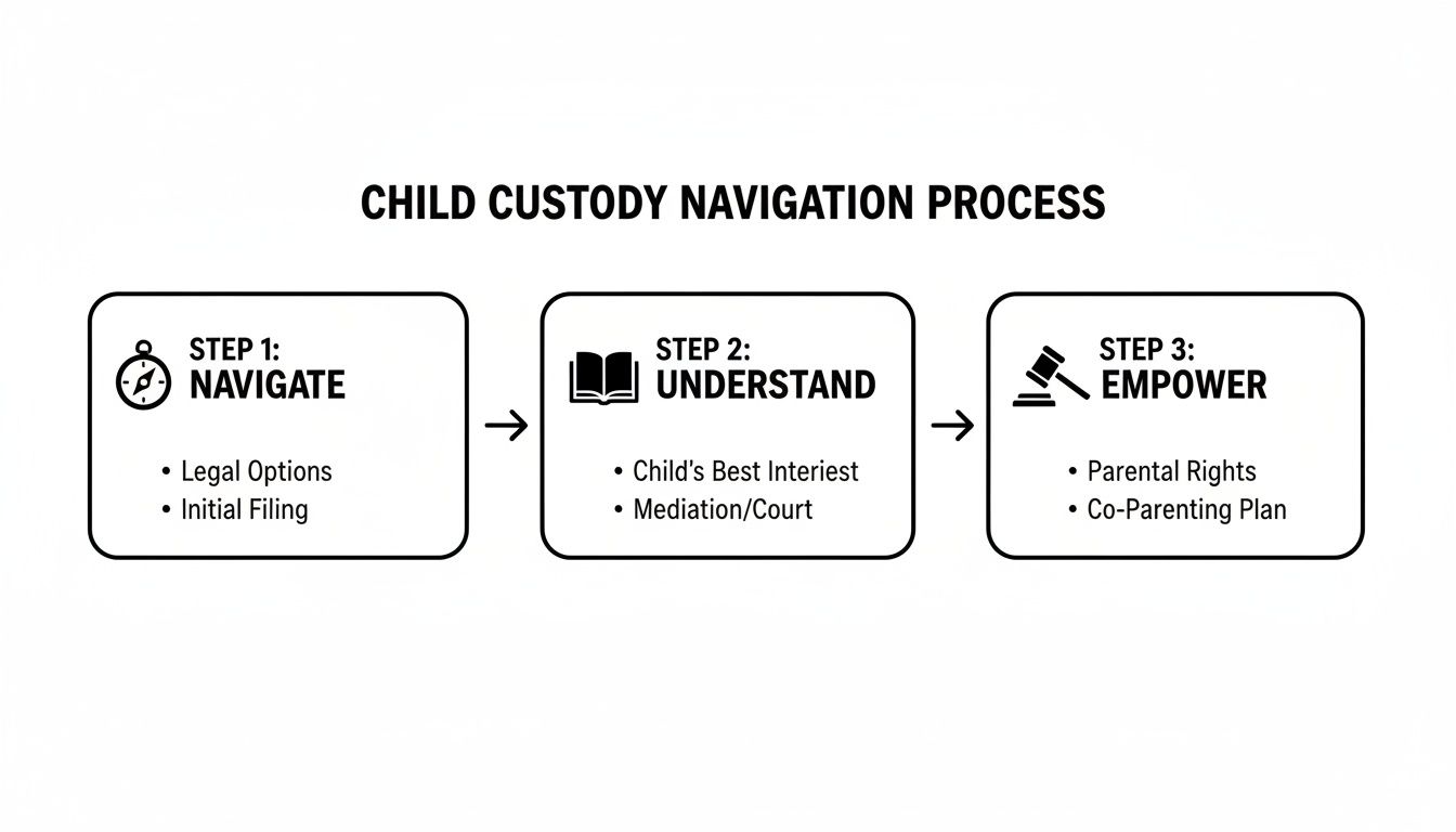 A three-step diagram outlining the child custody navigation process: Navigate, Understand, and Empower.