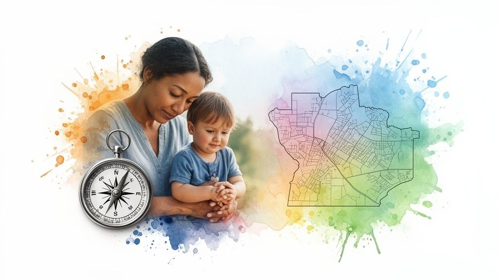 A caring mother embraces her child, with a compass and map on a vibrant watercolor background, symbolizing family guidance and direction.