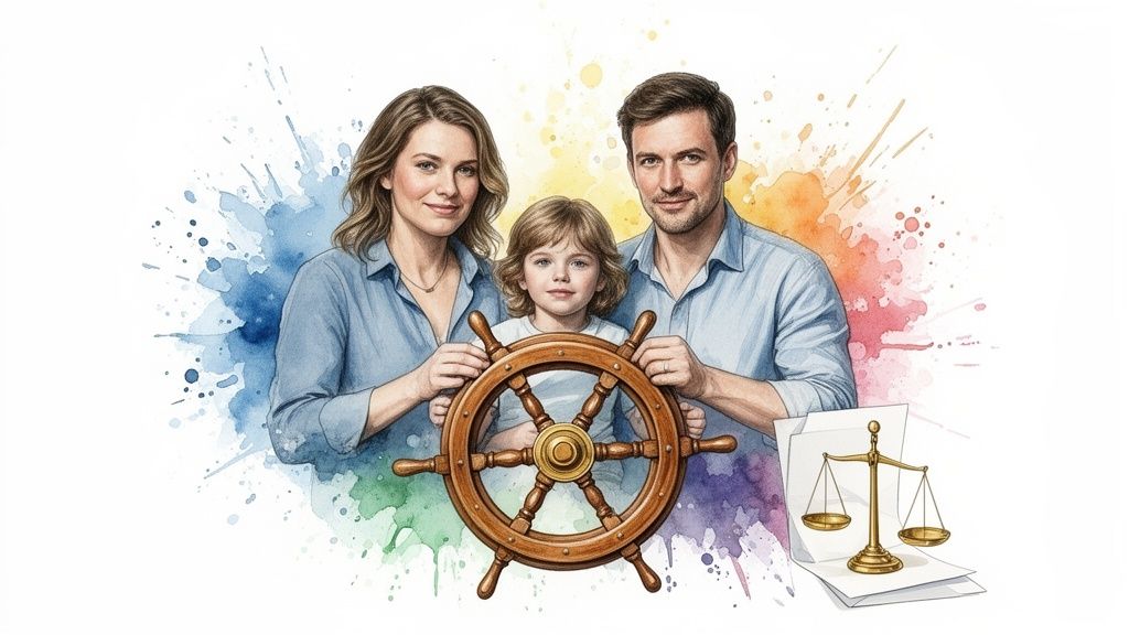 Watercolor illustration of a family, child at ship's wheel, and scales of justice, representing family law.