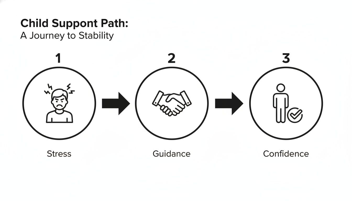Infographic showing the child support path from stress to guidance to confidence, leading to stability.
