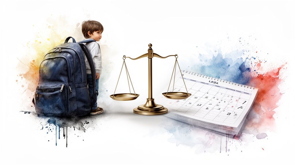 A child with a large backpack, scales of justice, and a calendar representing child support legal matters.