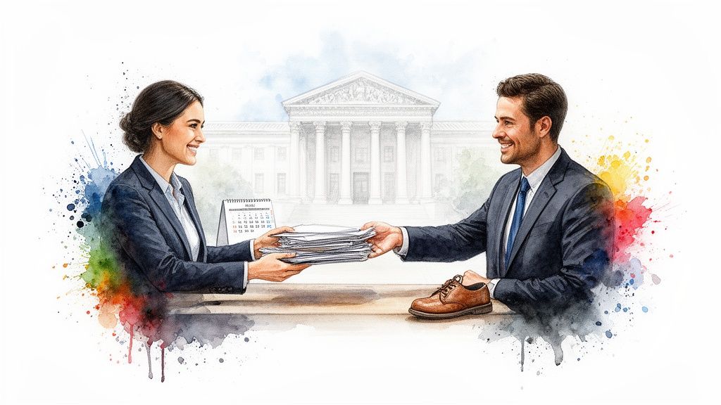 Two smiling professionals, a woman and a man, exchange documents in front of a courthouse.