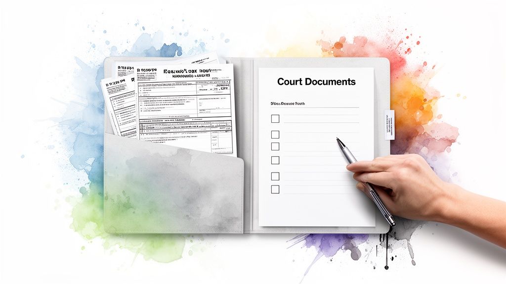 A hand with a pen pointing to a checklist in an open folder labeled 'Court Documents,' with colorful watercolor splashes.
