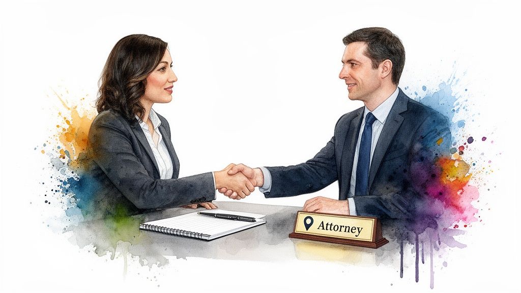 Two professionals, a man and a woman, shaking hands at a table with colorful watercolor accents.