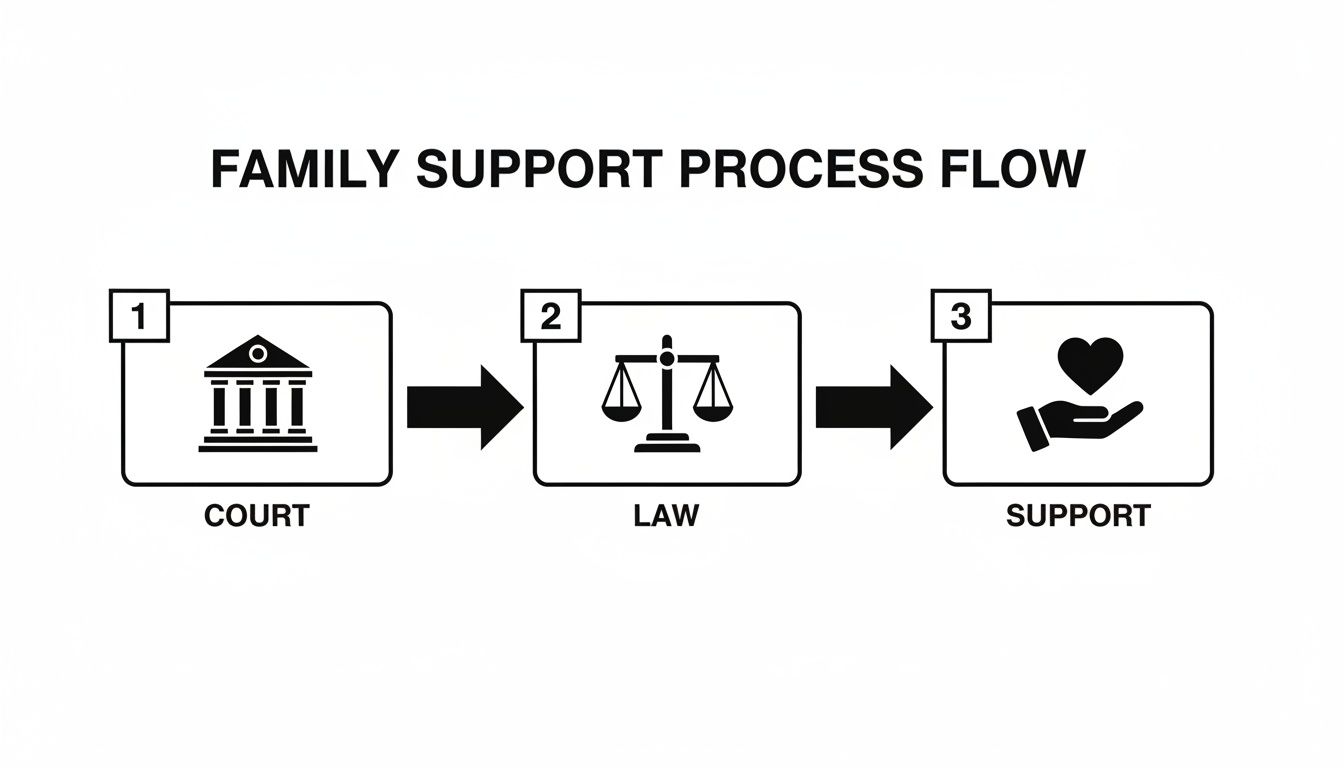 A visual flow diagram explaining the family support process from court and law to actual support.