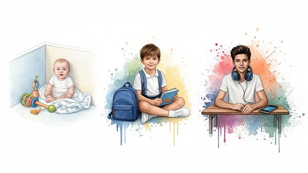 Watercolor illustrations depict a baby, a young boy with a book and backpack, and a teen with headphones, showing stages of growth.