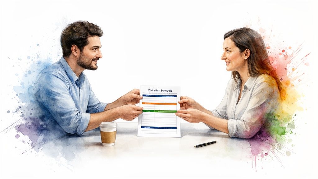 A smiling man and woman review a child visitation schedule, depicted in a vibrant watercolor style.