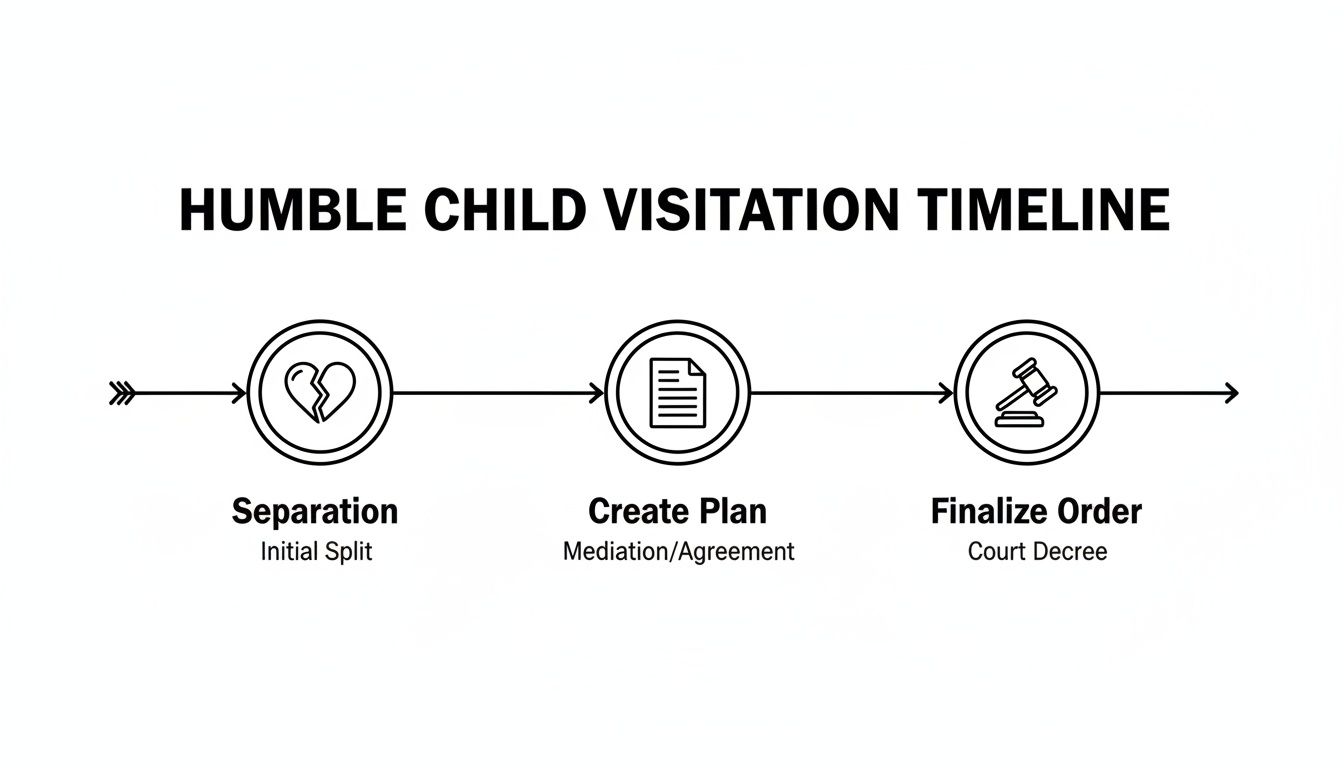Timeline outlining the steps for a humble child visitation process: separation, plan creation, and final order.