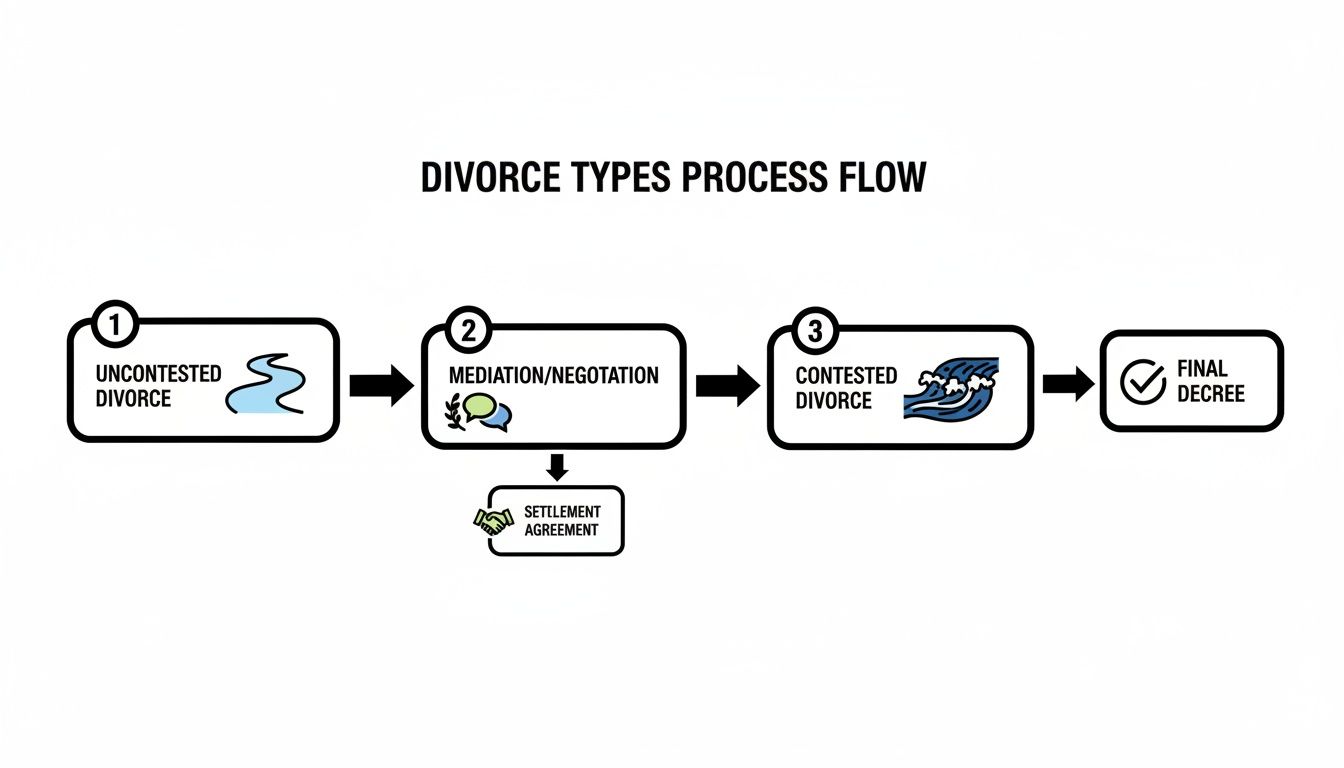 A flowchart illustrating the divorce process, from uncontested to contested, including mediation and final decree.