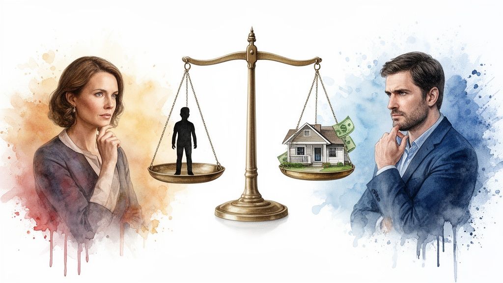 A man and woman ponder a divorce, with a scale balancing a child versus a house and money.