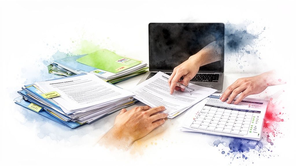 Digital and physical hands interacting with various documents, a calendar, and a laptop.