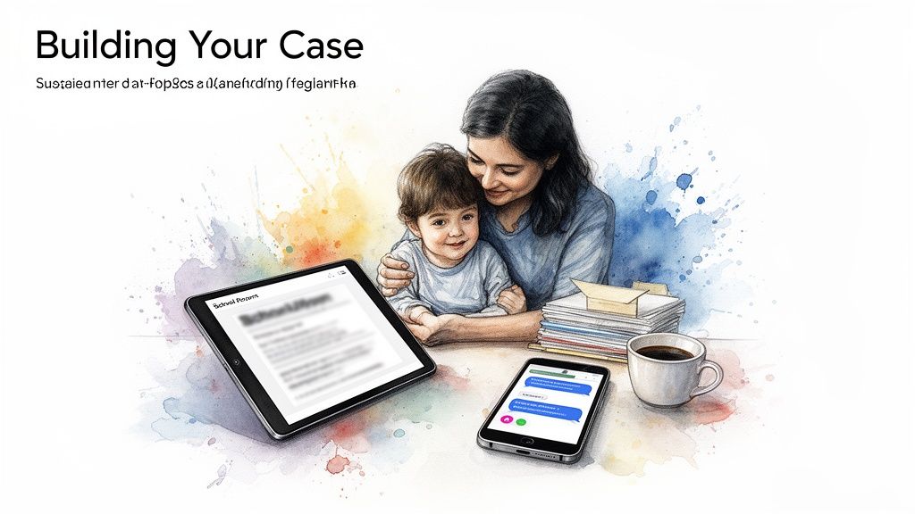 Watercolor illustration of a mother and child interacting with a tablet, smartphone, and documents.