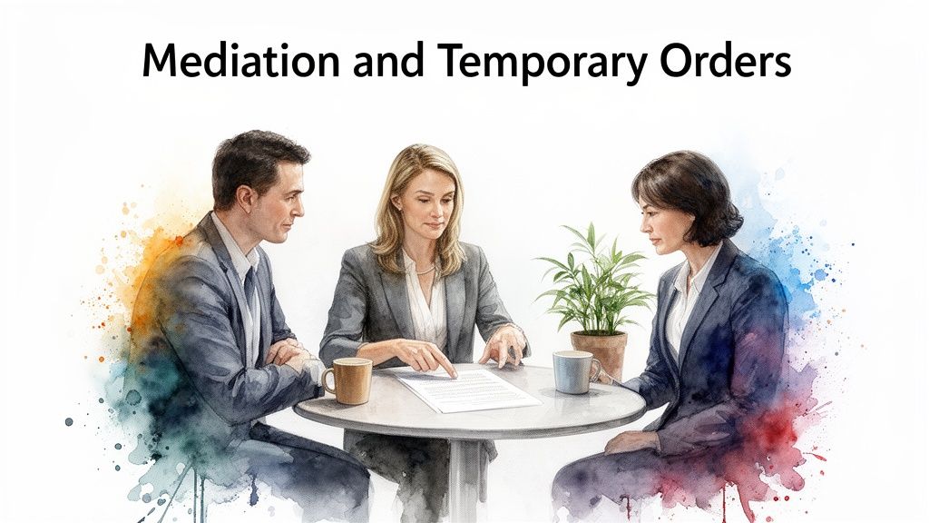 Three professionals discuss documents at a table under the title 'Mediation and Temporary Orders'.