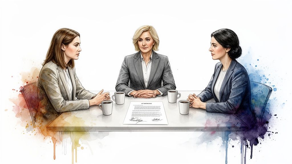 Watercolor illustration of three businesswomen at a table with a document and coffee cups.