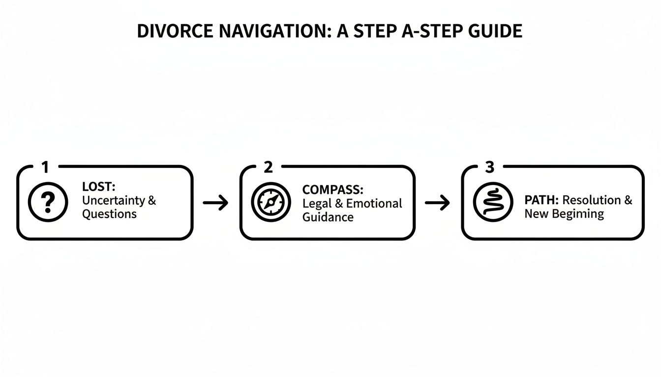 A three-step guide illustrating the divorce journey from uncertainty to legal and emotional resolution.