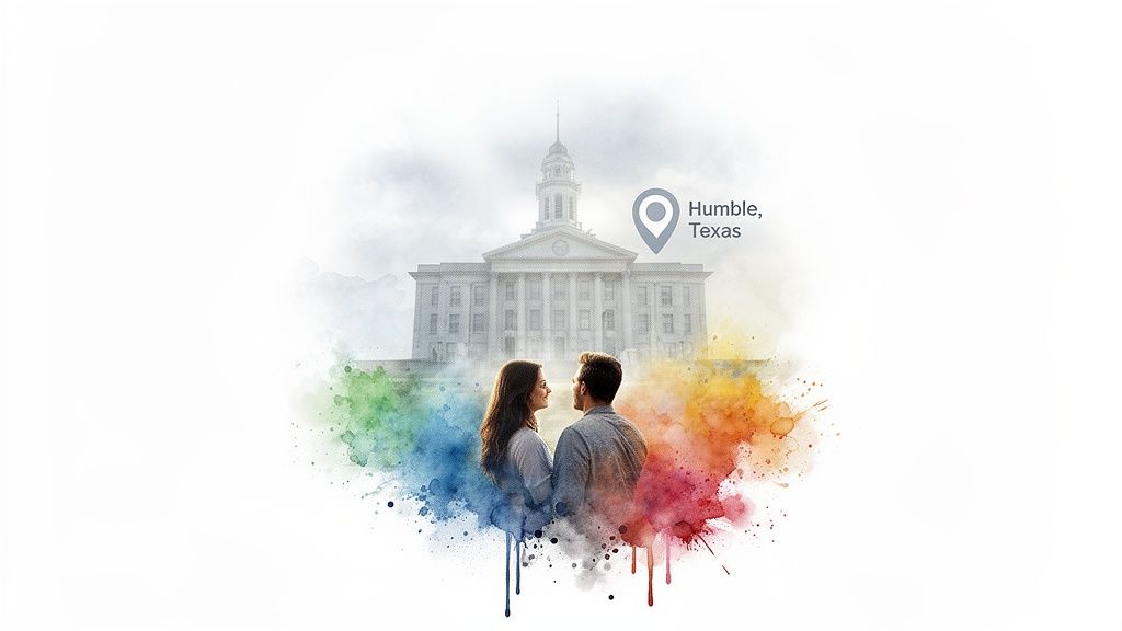 A couple smiles in front of a courthouse-style building with a location pin for Humble, Texas, surrounded by colorful watercolor art.