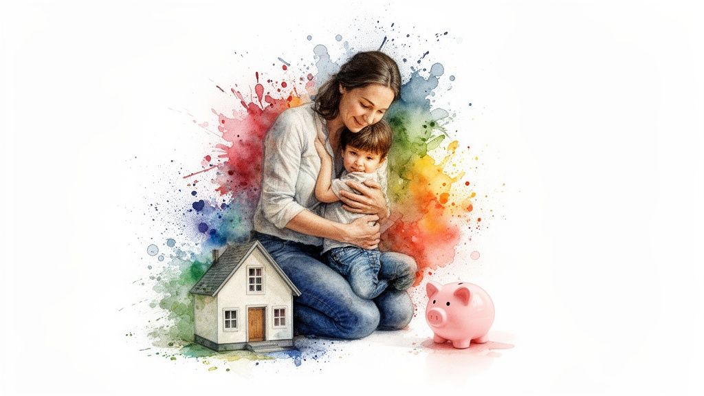 A watercolor illustration of a mother hugging her child, with a small house and piggy bank, symbolizing family savings.