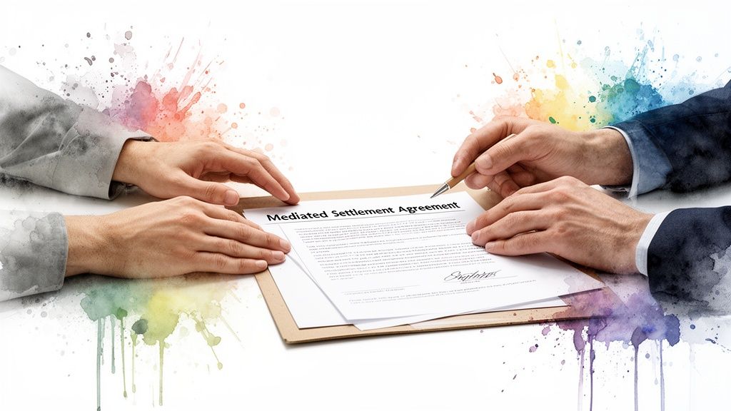 Two hands, one with a pen, preparing to sign a 'Mediated Settlement Agreement' document amidst watercolor.