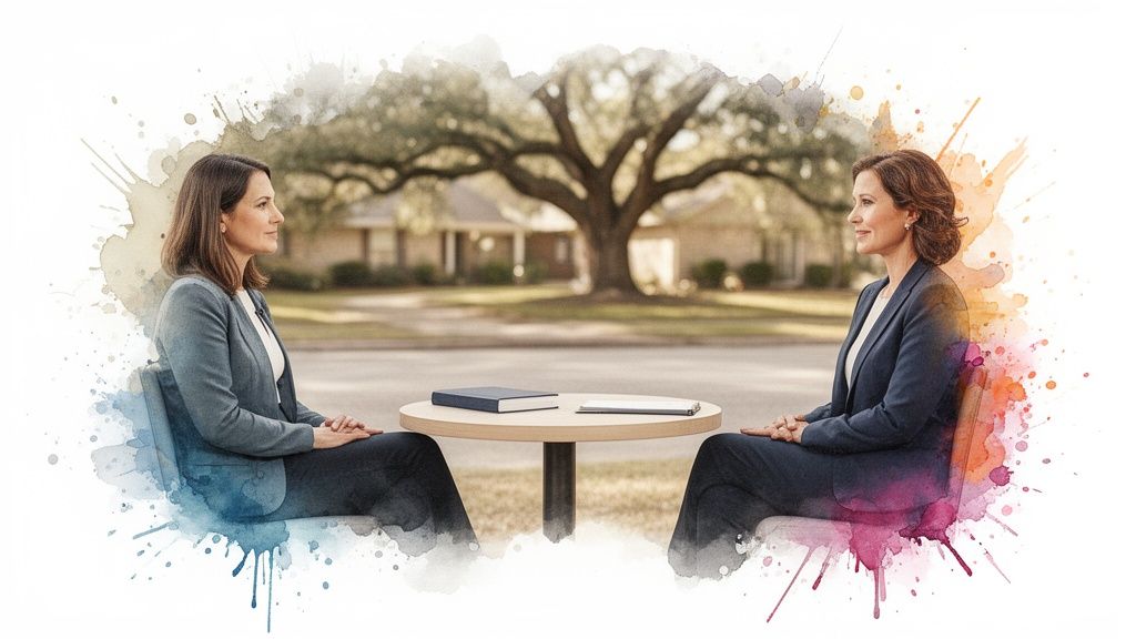 Two women in business suits sit opposite each other at an outdoor table for a discussion.