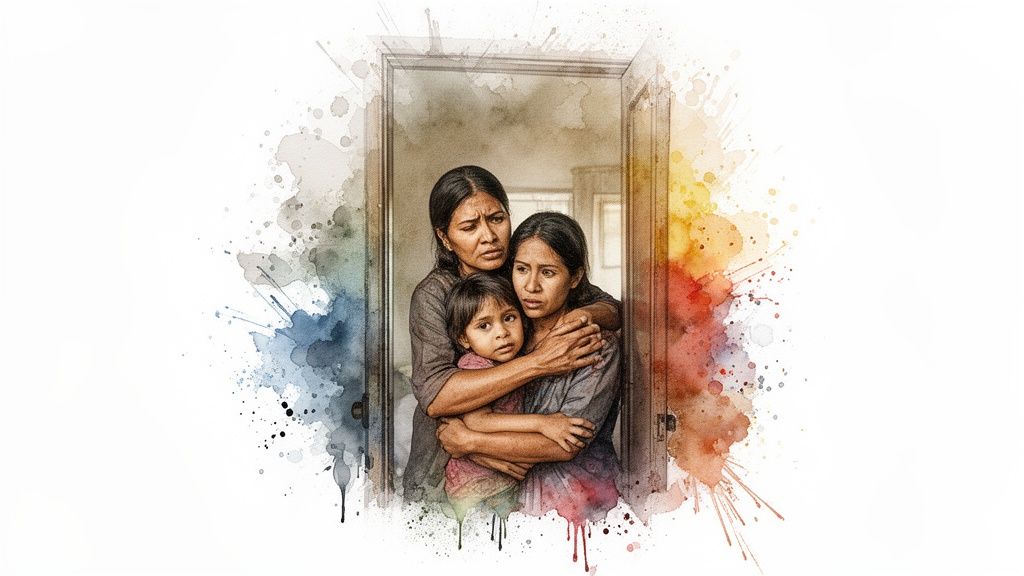 A distressed indigenous mother, daughter, and child huddle together in a doorway, rendered in a watercolor style.