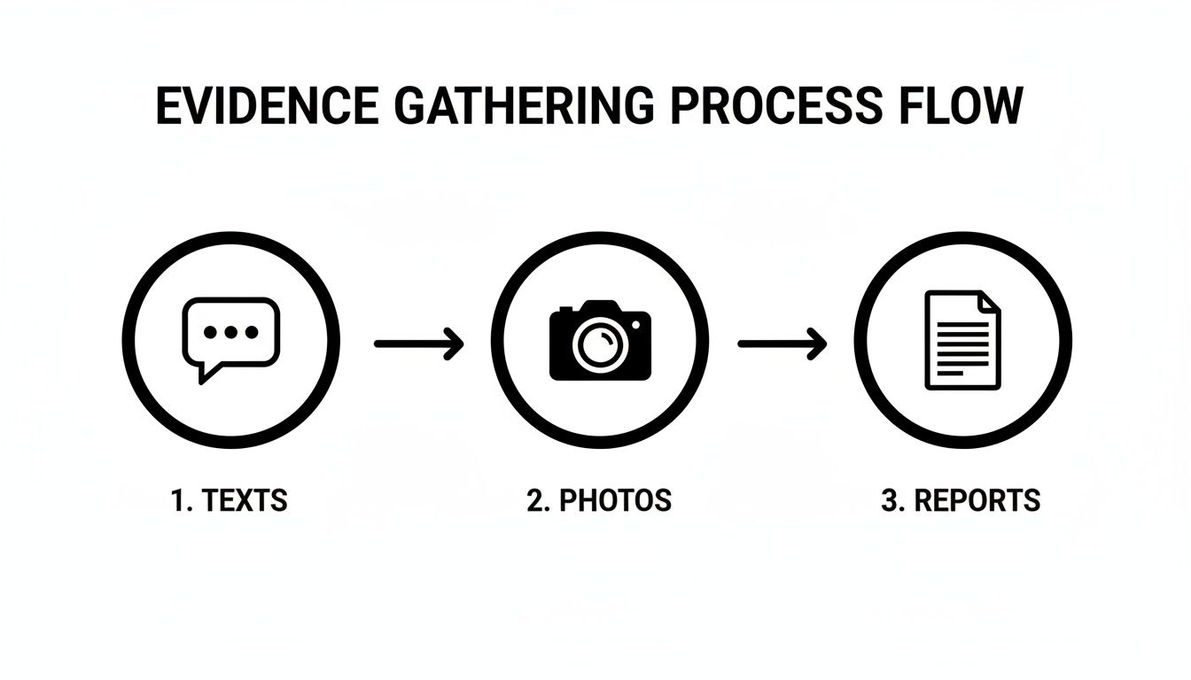 Flowchart illustrating the evidence gathering process: starting with texts, moving to photos, and concluding with reports.