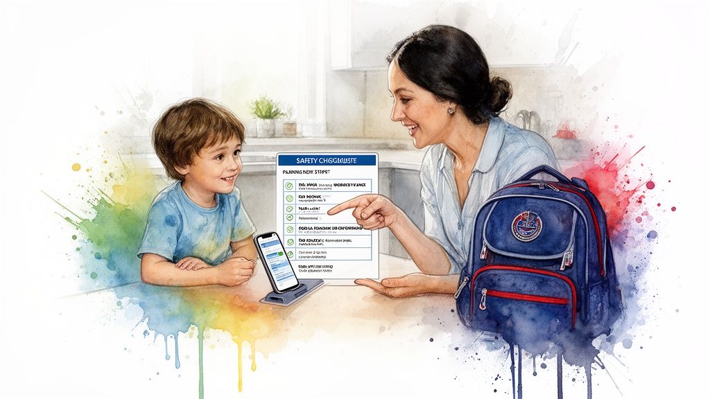 A mother and child review a safety checklist on a tablet, preparing for school with a backpack.