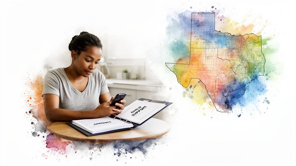 A woman researching child support on her phone, with a Texas map in the background.