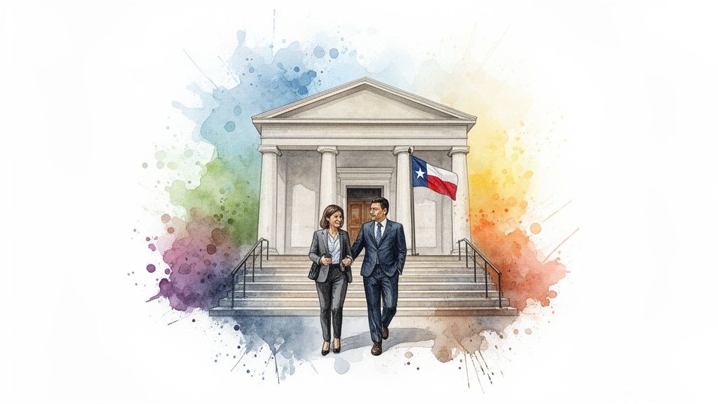 Two professionals walk down courthouse steps with a Texas flag and colorful watercolor splashes.