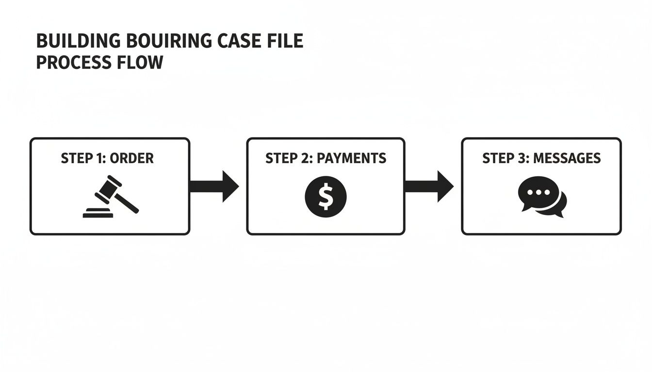 A process flow diagram showing three steps: Order (gavel), Payments (dollar sign), and Messages (chat icon).