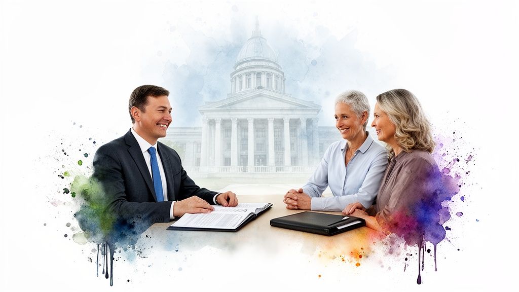 Smiling attorney meets with two senior women discussing legal documents, with a courthouse in the background.