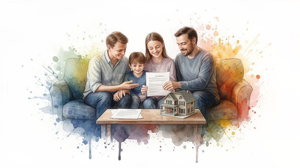 Watercolor art of a happy family discussing home ownership documents with a house model.