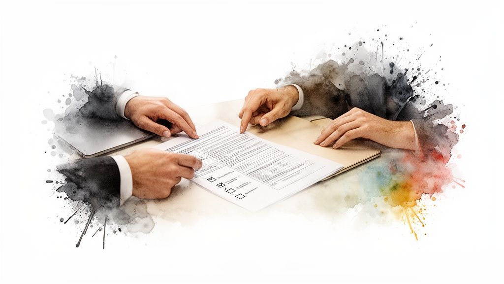 Two professionals reviewing a legal document on a table with a laptop, watercolor style.