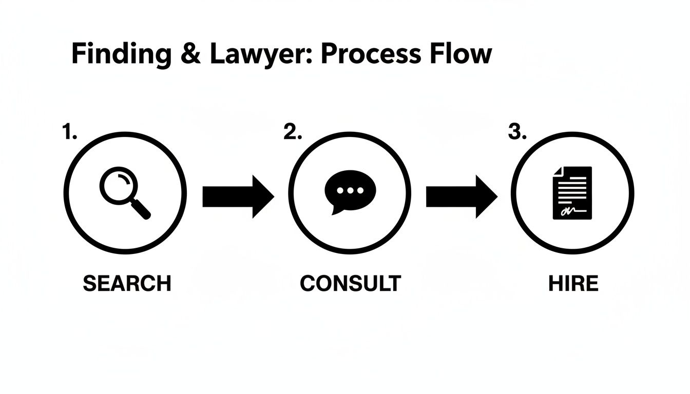 A three-step process flow for finding and hiring a lawyer: Search, Consult, Hire, with icons.