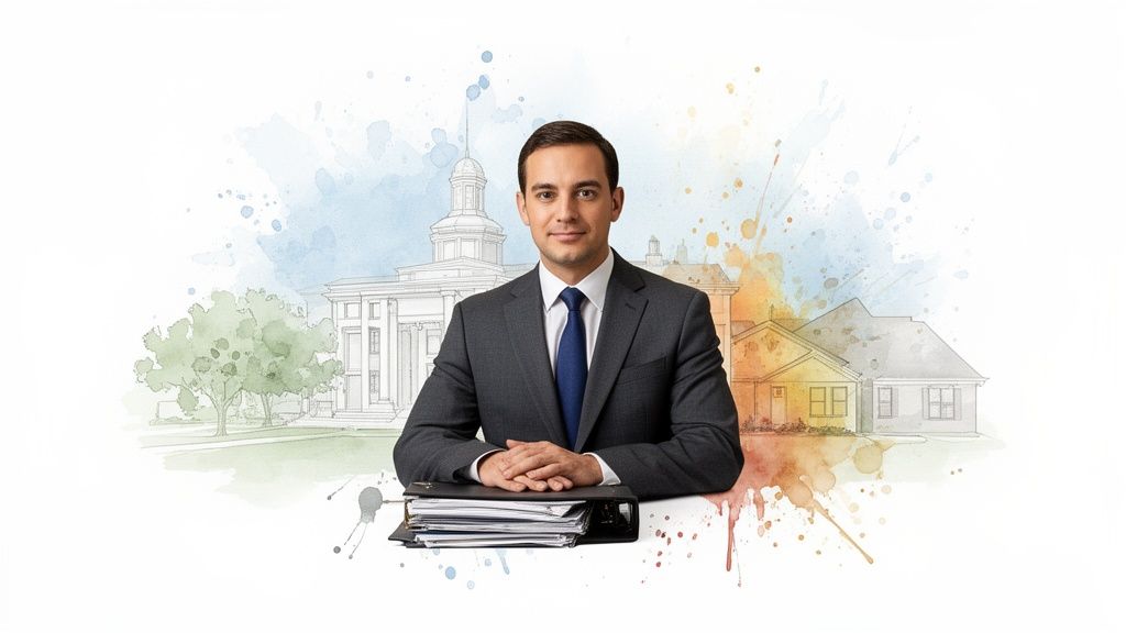 Smiling male attorney in a suit with folders, framed by sketched courthouse and home.