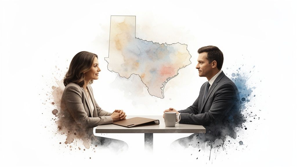 Two professionals, a man and a woman, discuss with a watercolor Texas map backdrop.