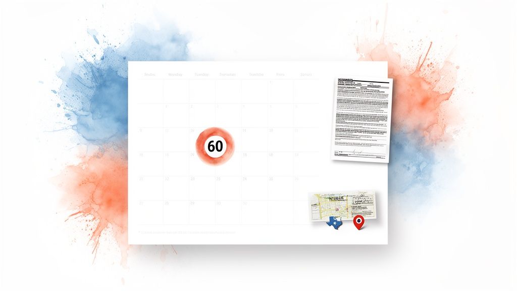A calendar highlighting '60' days, a legal document, and a Texas map with a location pin, symbolizing the divorce process timeline.
