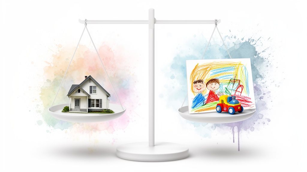 A balance scale showing a house on one side and a child's drawing and toy on the other.