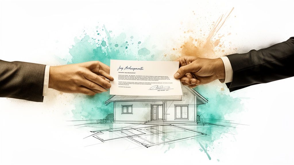 Hands exchanging a signed real estate contract above a house design and plans, symbolizing property agreement.
