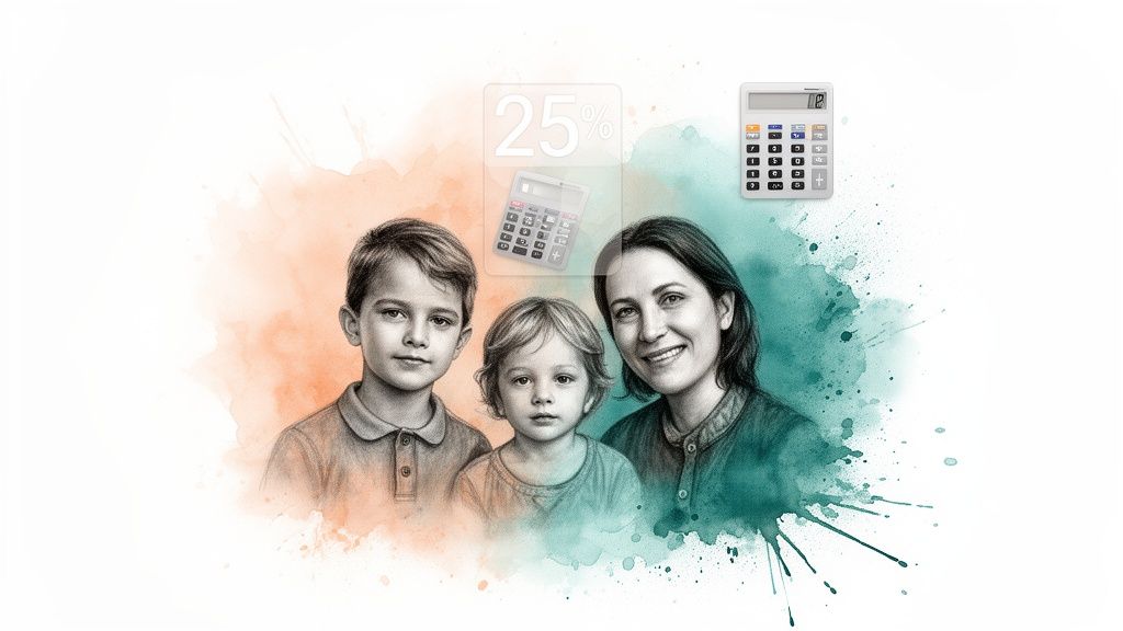 Mother and two children sketch with calculators and 25% text, on a watercolor background.