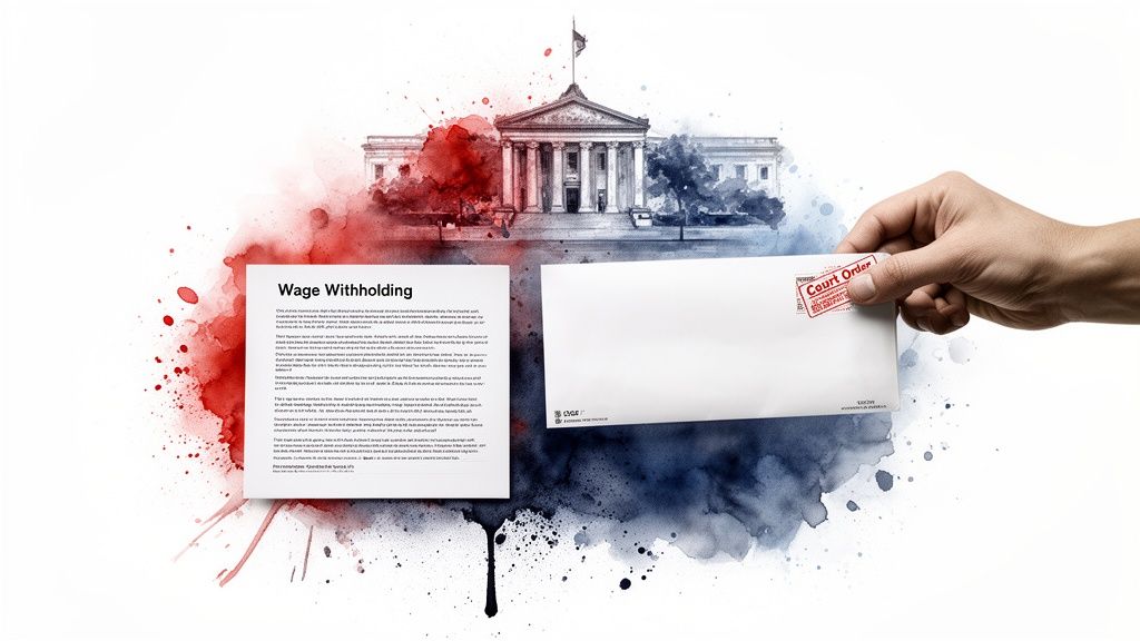 A hand holds a Court Order envelope, next to a Wage Withholding document, against a courthouse background with red and blue paint splashes.