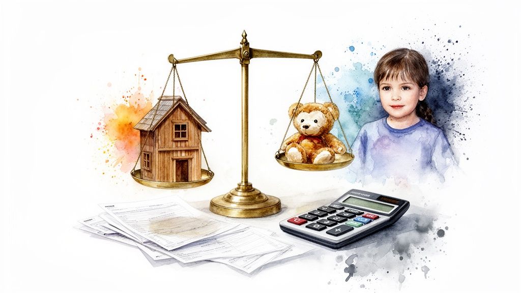 Scales balance a house and a teddy bear, with a child, documents, and calculator, symbolizing divorce asset division.