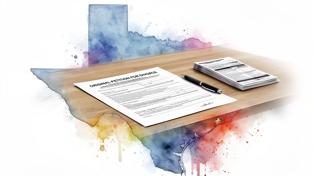 Original Petition for Divorce document and pen on a desk over a watercolor map of Texas.