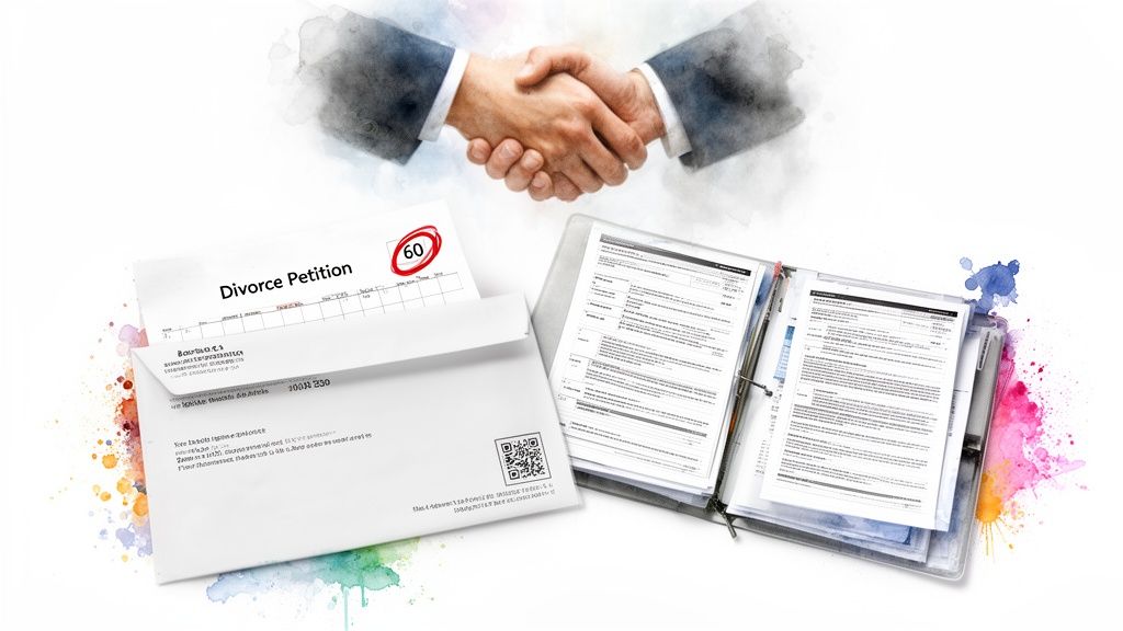 Hands shaking over a divorce petition document and legal files, symbolizing a legal agreement or settlement.