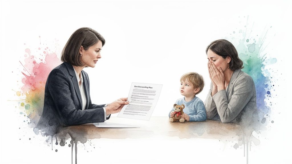 A lawyer explains 'The Parenting Plan' to a distressed mother and a child with a teddy bear.