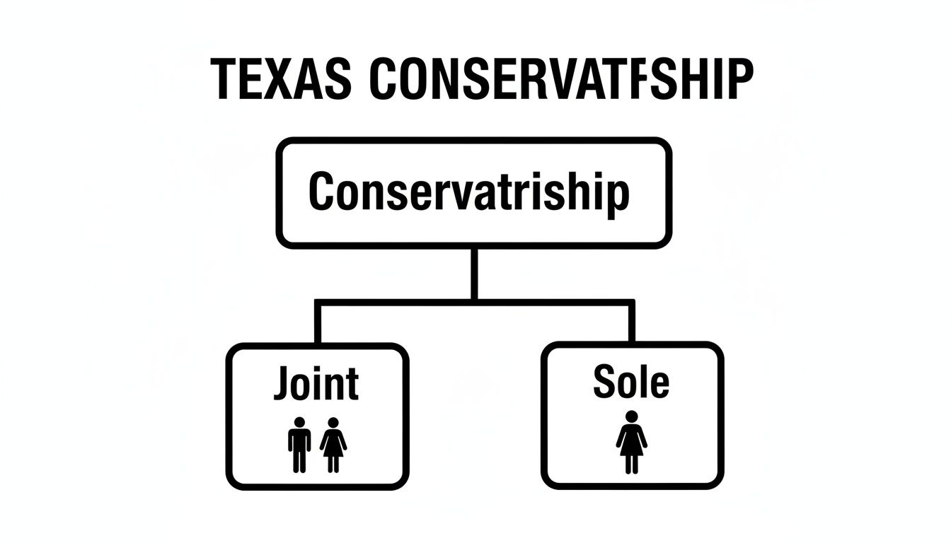 A flowchart titled 'Texas Conservatorship' showing two types: Joint with male and female icons, and Sole with a female icon.